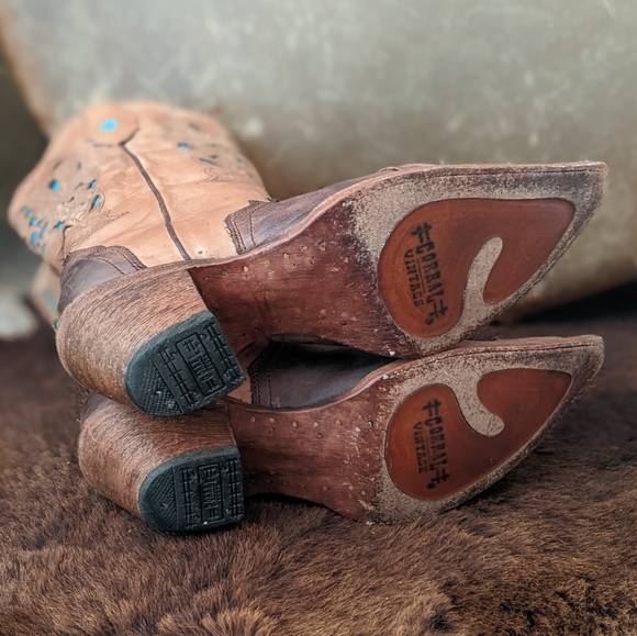 CORRAL C1620 laser tooled tan & turquoise snip toe cowgirl western boots sz 9.5 - Picture 14 of 16